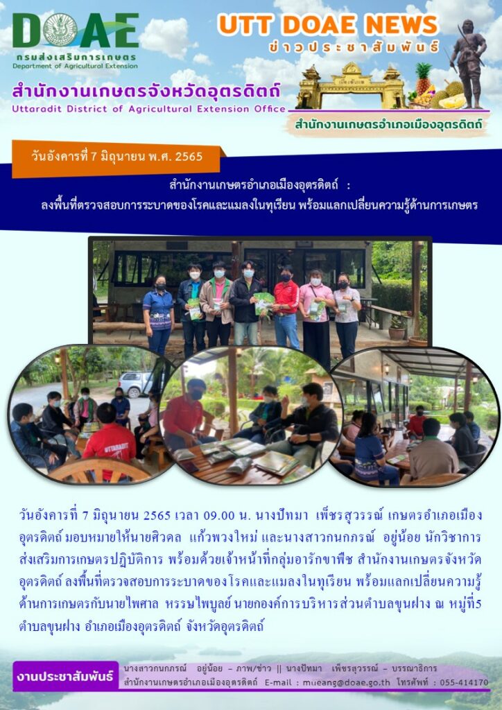 ลงพื้นที่ตรวจสอบการระบาดของโรคและแมลงในทุเรียน