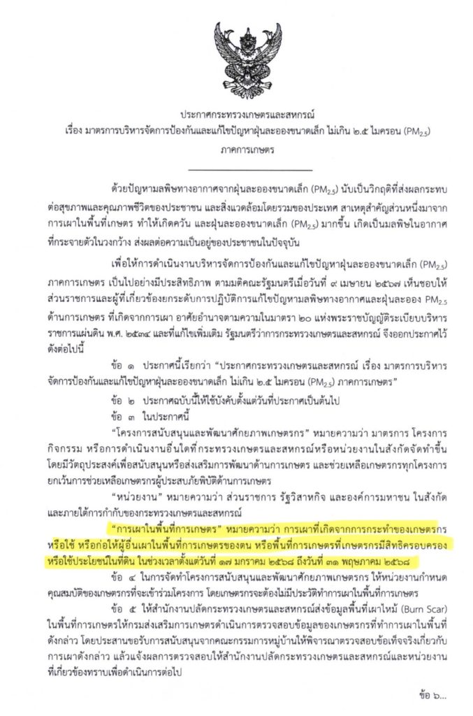 ประกาศกระทรวงเกษตรและสหกรณ์เรื่องมาตรการบริหารจัดการป้องกันและแก้ไขปัญหาฝุ่นละอองขนาดเล็กไม่เกิน 2.5 ไมครอน (PM2.5) ภาคการเกษตร