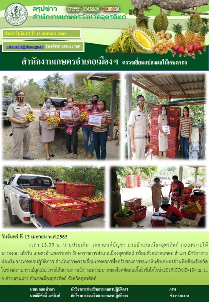 สรุปข่าวสำนักงานเกษตรจังหวัดอุตรดิตถ์ วันจันทร์ที่ 13 เมษายน พ.ศ. 2563