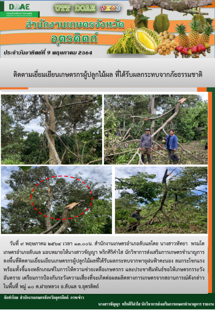 สรุปข่าวสำนักงานเกษตรจังหวัดอุตรดิตถ์ วันอาทิตย์ที่ 9 พฤษภาคม พ.ศ. 2564